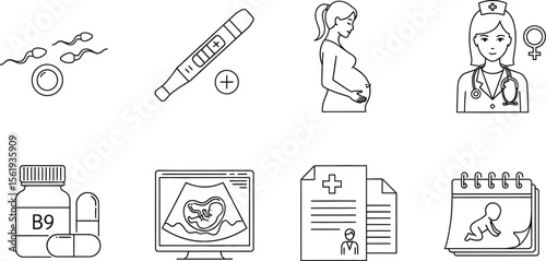 Vector art of a set of line art icons representing pregnancy, fertility, and prenatal care, including a pregnancy test, ultrasound, and vitamins, isolated on white background