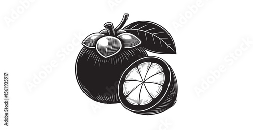 Whole and halved mangosteen fruit with leaves silhouette