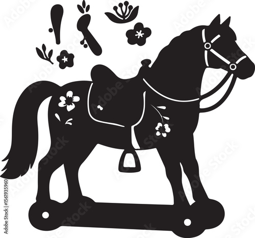 Black vector silhouette of a mounted horse toy with detachable accessories and nature-themed decorative elements Adobe Illustrator Artwork