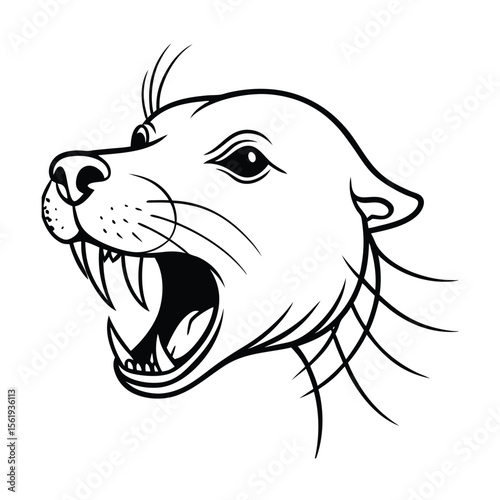snarling sea lion head in jagged whisker lines version two on white background Vector illustration