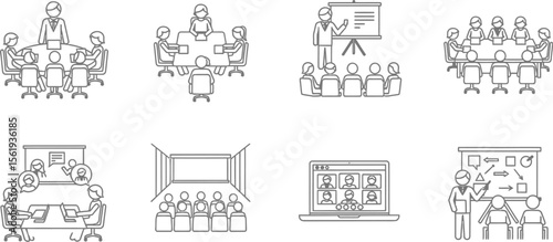 Vector art of a collection of business meeting and presentation icons isolated on white background