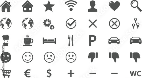 Vector art of a set of gray icons representing various services and places, isolated on white background