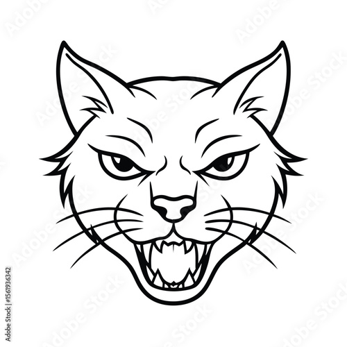 aggressive cat head line drawing with narrowed eyes version two on white background Vector illustration