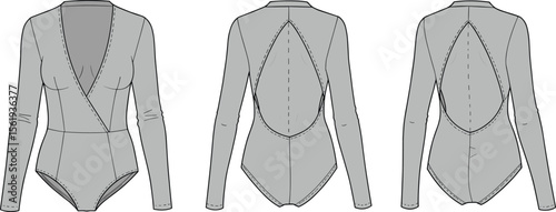 Women's deep V-neck bodysuit flat sketch, technical fashion illustration, long sleeve, open back triangle cutout, garment design template.

 flat vector illustration