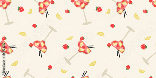 Seamless pattern with margarita cocktail and lemons. Bright background for promotions, party decorations, menus, discounts, packaging