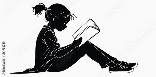 Silhouette of Girl Reading Book - Black and White Vector Illustration