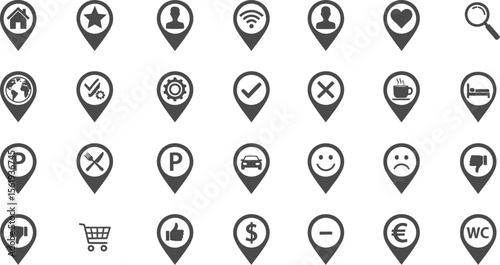 Vector art of a collection of gray location pin icons representing various services and places, isolated on white background