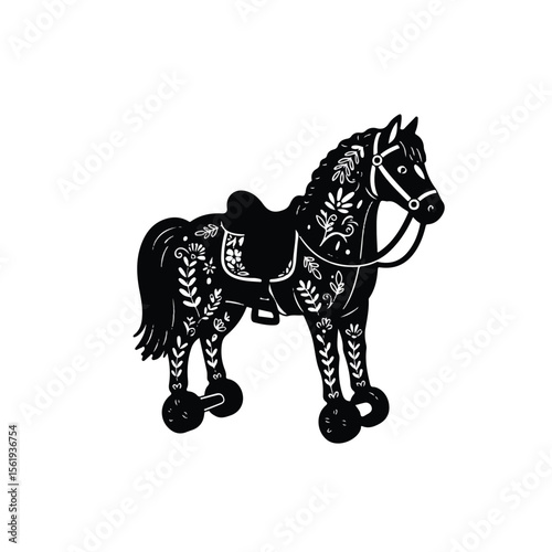 Black vector silhouette of a mounted horse toy with detachable accessories and nature-themed decorative elements Adobe Illustrator Artwork