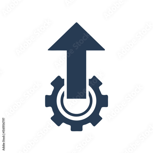 Dark blue gear with upward arrow icon direction movement