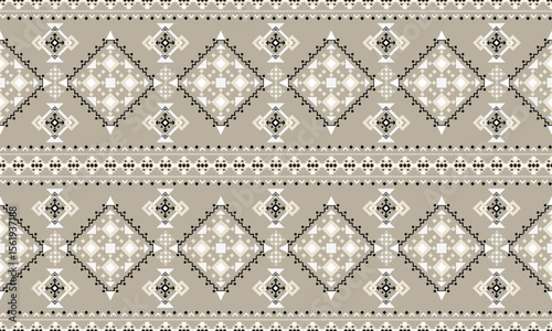 Seamless tribal rug pattern inspired and traditional weaving. This geometric design features earthy tones of beige, cream, and black, perfect for backgrounds, textiles, digital papers.