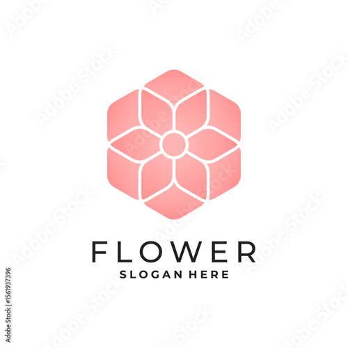 Geometric pink flower logo design with abstract petal pattern and hexagonal shapes