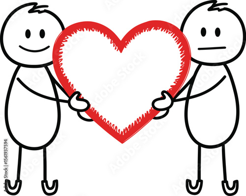 Vector art of two stick figures holding a heart, one smiling and one with a neutral expression