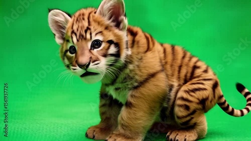 Wallpaper Mural A small tiger cub standing on a green screen looking forward with a curious expression on its face green screen animal video Torontodigital.ca