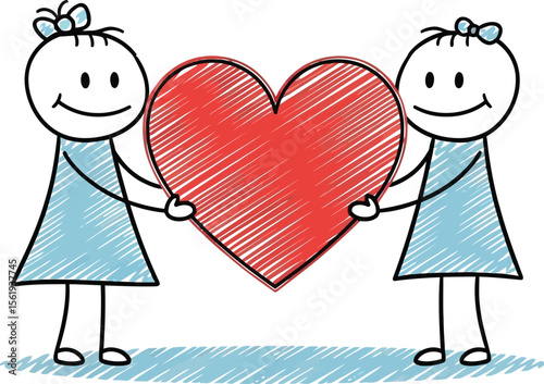 Vector art of two stick figure girls holding a red heart together, symbolizing love and friendship isolated on white background
