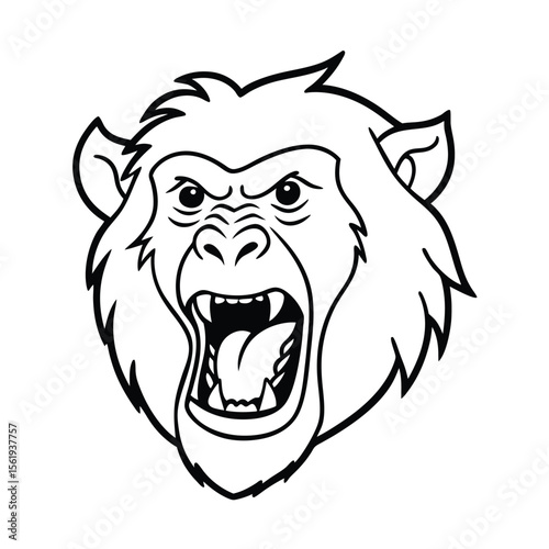 angry baboon head sketch with open mouth and facial details version two on white background Vector illustration