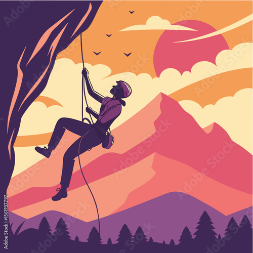Rock climber scaling cliff sunset vibrant landscape adventure outdoors colorful background sports action scene