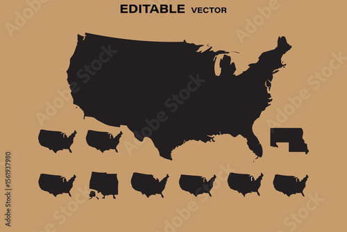Collection of black silhouettes of the united states map and individual states on a tan background