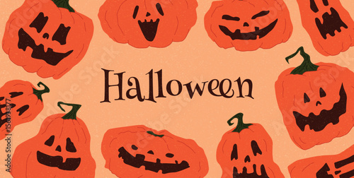 Frame of Carved Halloween Pumpkins with Scary and Funny Faces around Halloween Lettering. Creepy Jack o Lantern Characters on Orange Background. Flat Hand Drawn Vector Illustration