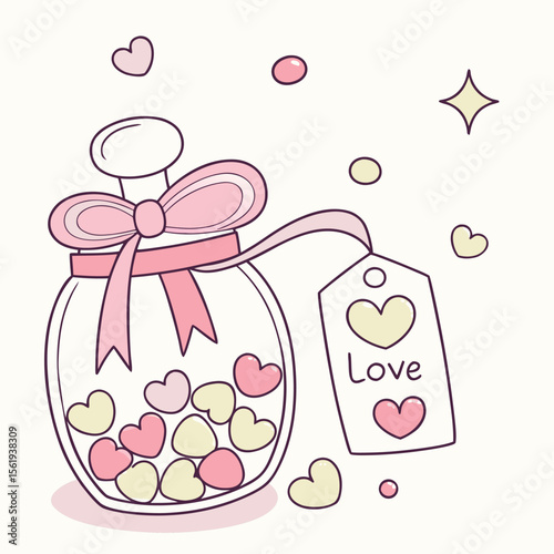 Charming Potion Bottle Filled With Sweet Hearts And A Love Tag Illustration