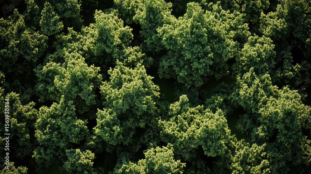 Naklejka premium Fir forest seen from above with dense green foliage