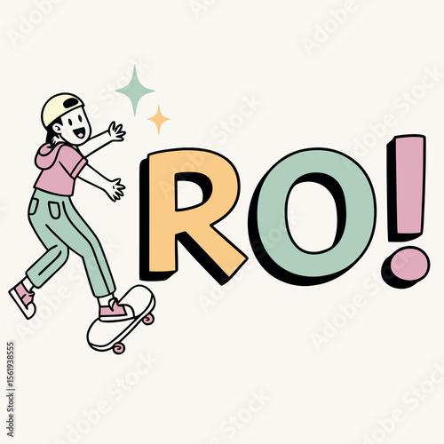 Exciting Young Person Riding a Skateboard with "RO" Text and Sparkles