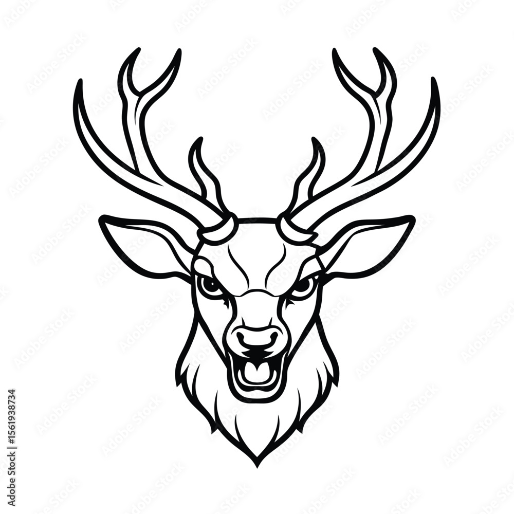 Naklejka premium angry deer head with aggressive antler pose in outline version one on white background Vector illustration