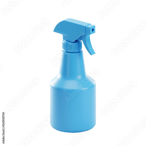 Bright blue spray bottle with yellow and pink nozzle on white background
