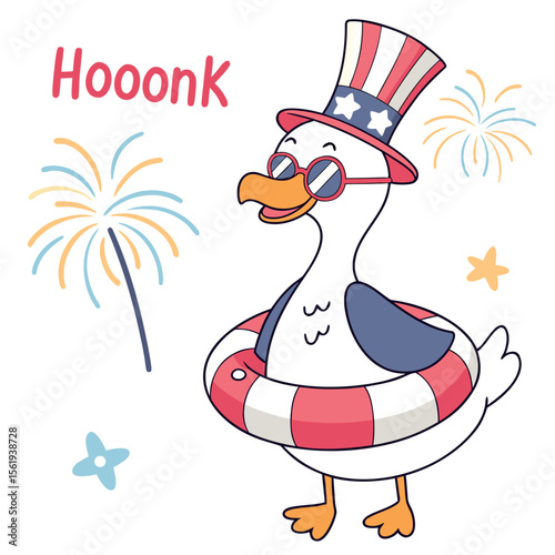 Adorable Duck Wearing Patriotic Hat and Swim Ring Celebrating Independence Day