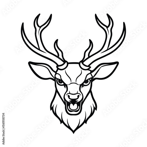 angry deer head with aggressive antler pose in outline version one on white background Vector illustration