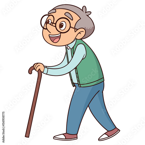 Cheerful elderly gentleman with glasses walking with a cane and smiling happily