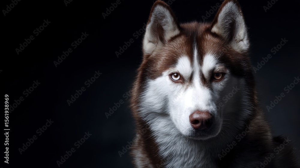 Obraz premium Close-Up Portrait of a Majestic Siberian Husky Dog Covered in Frost Against a Dark Winter Background