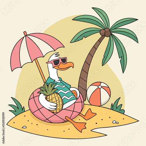 Whimsical Duck Enjoys Tropical Beach Vacation Under Palm Tree with Pineapple