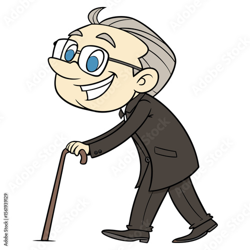 Joyful elderly gentleman in a suit with a cane walking happily outdoors