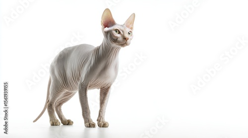 Devon Rex Cat Standing Gracefully Against a White Background with Curly Fur and Expressive Features