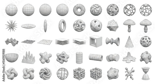 Collection of various geometric shapes and forms on white background