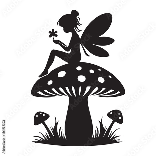 Fairy on Mushroom black icon silhouette vector flat illustration design on white background