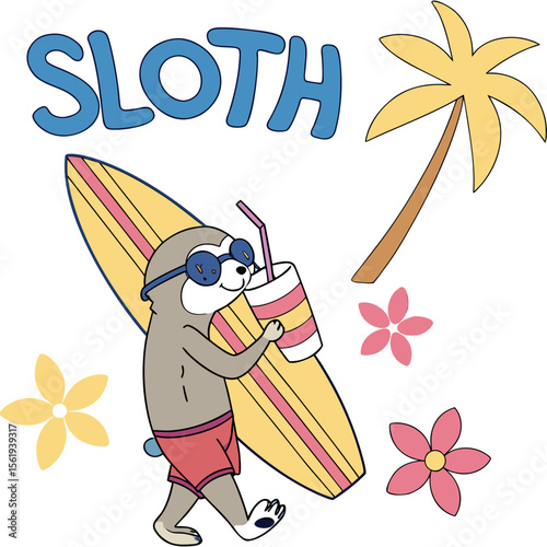 Cute Cartoon Sloth Surfing and Enjoying Summer Beach Vacation with Tropical Palm Tree and Flowers