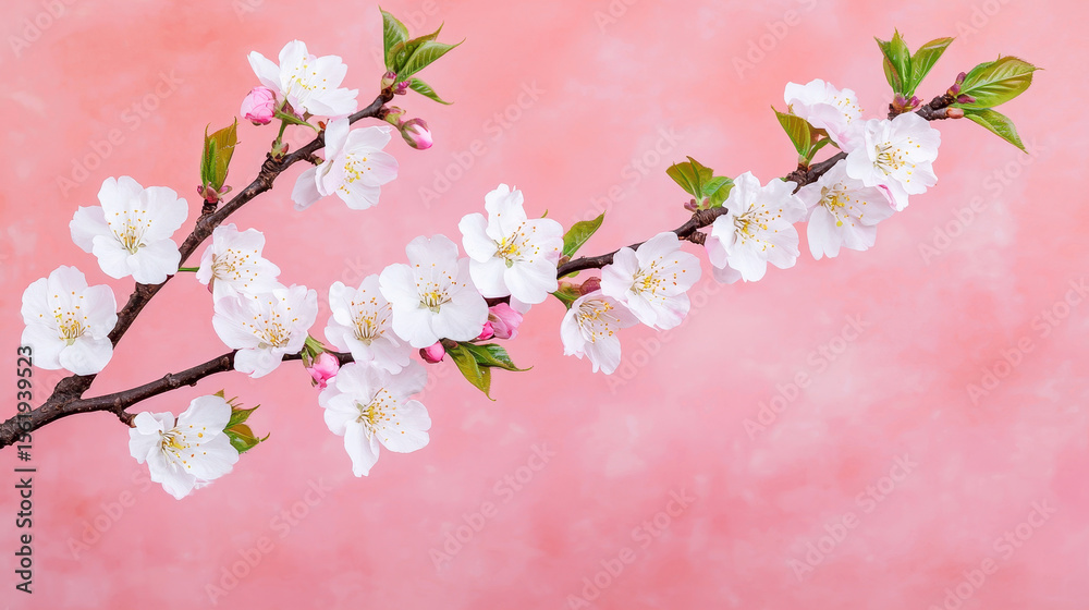 Blossoming cherry branch with delicate white flowers and pink buds against soft pink background, evoking sense of spring and renewal Blossoming cherry branch with delicate white flowers and pink buds against soft pink background, evoking sense of spring and renewal