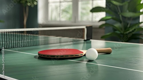 Close-up view of a table tennis paddle and ball on a green table, creating a relaxing atmosphere before an exciting game