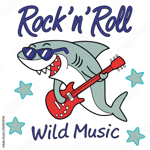 Funky Shark Rocker Playing Guitar with Stars