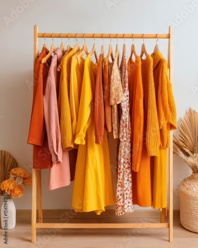 Colorful Wardrobe Display of Stylish Clothing in Warm Hues Arranged on Wooden Rack with Minimalist Decor