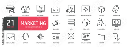 Set of line icons related to marketing, advertising, business, commerce. Outline icons collection. Editable stroke. Vector illustration