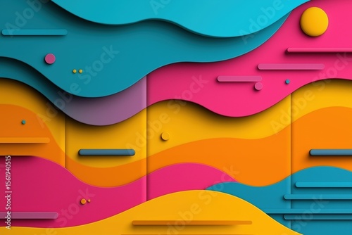 Vibrant abstract art with overlapping waves and geometric patterns in bold colors
