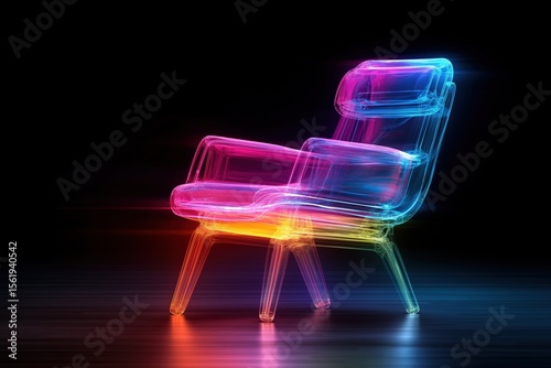 Vibrant colorful neon chair design with futuristic glowing aesthetic on dark background