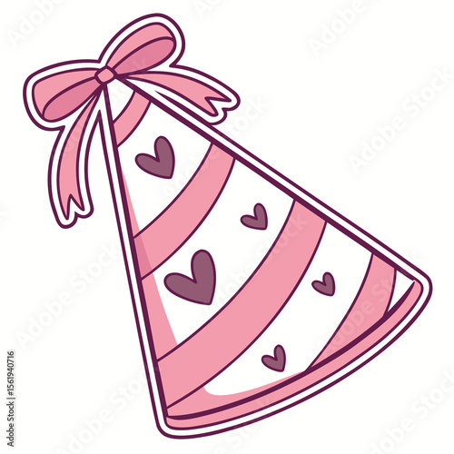 Cute Pink Striped Party Hat with Hearts and Bow Celebration Accessory