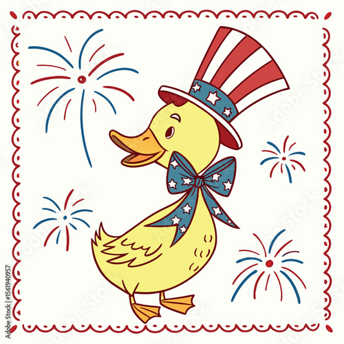 Festive Yellow Duck Wearing Uncle Sam Hat Celebrating Independence Day with Fireworks