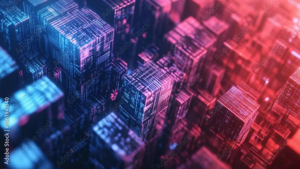 Vibrant neon structures in a cyber grid, representing futuristic architecture or technology-themed artwork.