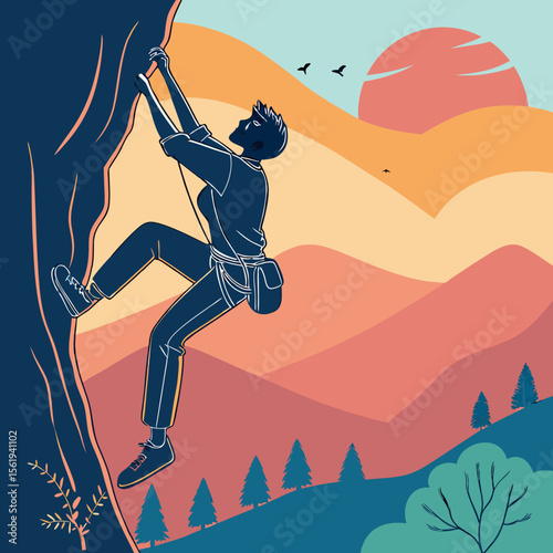 Rock climber scaling cliff sunset vibrant landscape adventure outdoors colorful background sports action scene