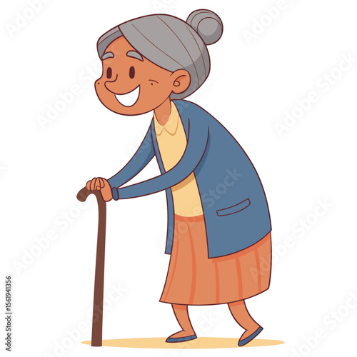 Happy elderly woman walking with a cane and smiling warmly outdoors
