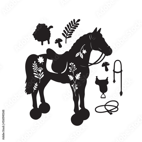 Black vector silhouette of a mounted horse toy with detachable accessories and nature-themed decorative elements Adobe Illustrator Artwork